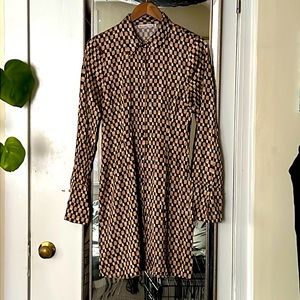 Abercrombie & Fitch Brown Checker Pattern Long Sleeve Satin Shirt Dress M-Tall